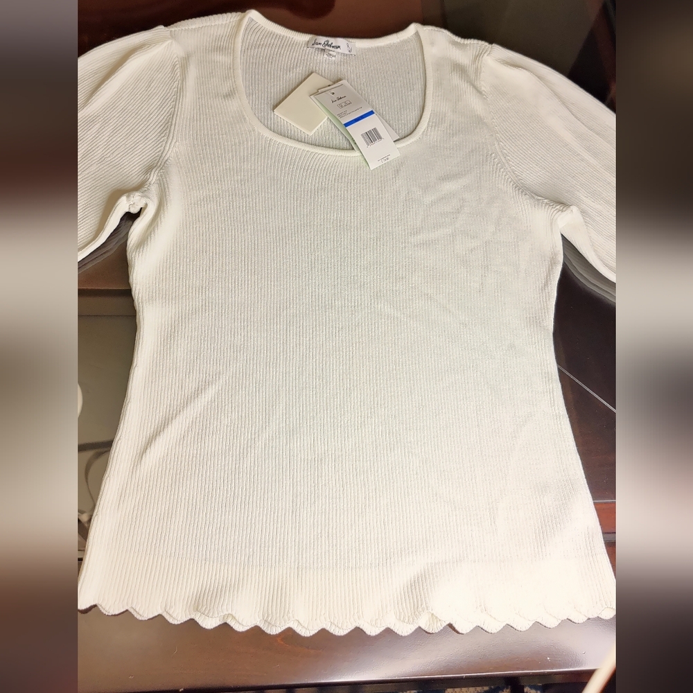 Sam Edelman Cream Ribbed Knit Pullover Top Scallop Hem Retails $79 NEW W Tags